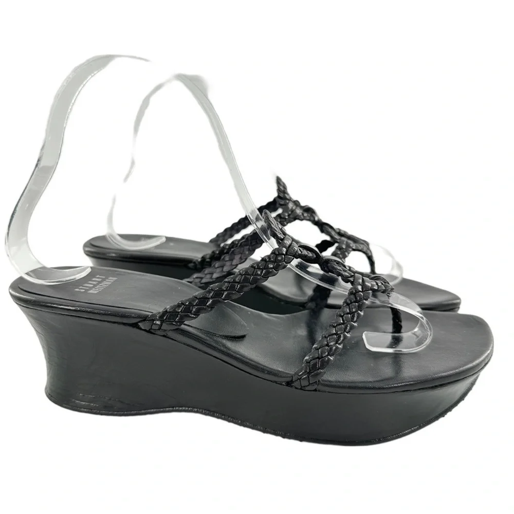 Stuart Weitzman womens sandals 8 black leather braided chunky platform slides